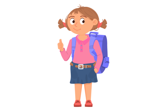 Charming Little School Girl Character. Cartoon Ki